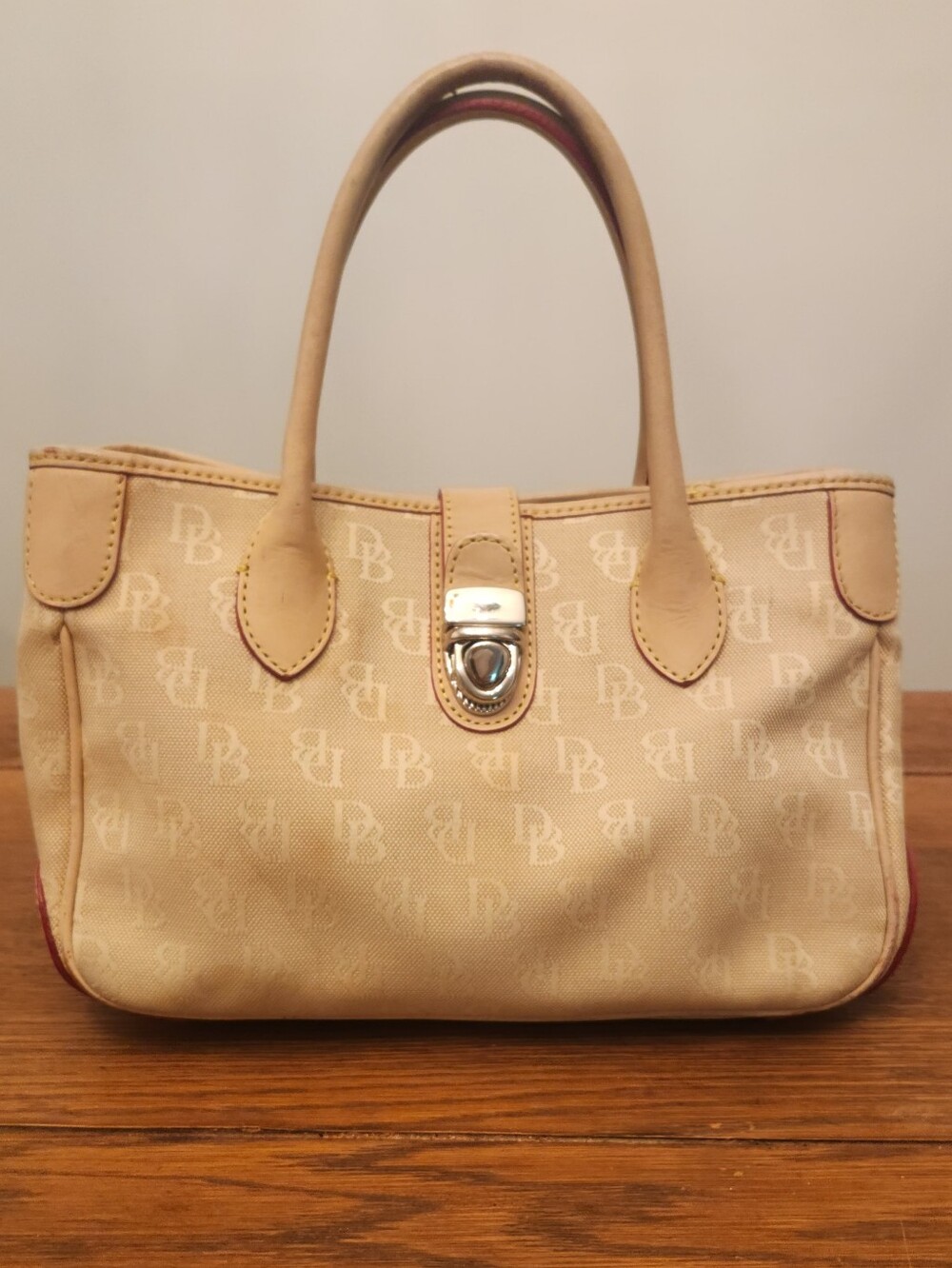 Dooney & Bourke Beige Logo Tote with Turn-Lock Accent